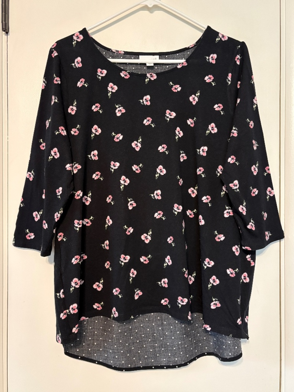 J. Jill Women's Black Floral Polka Dot Split-Back Popover Shirt Top Blouse L